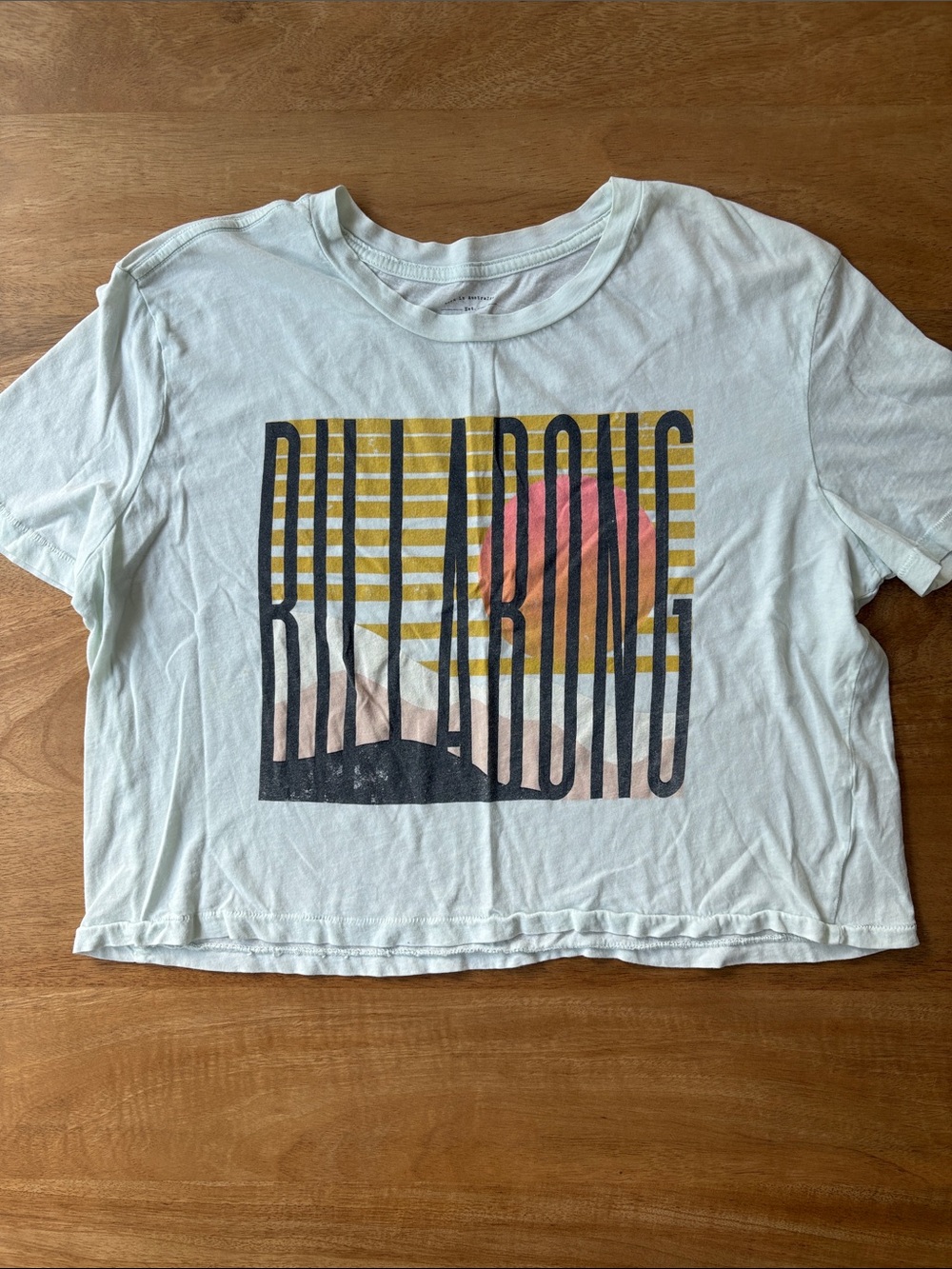 Billabong Bluish-Off-White Crop Tee with Yellow Striped Sunset Graphic